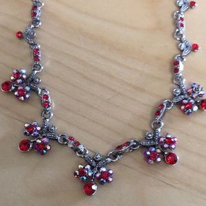 Cookie Lee Red Crystal Flower Silver Necklace 16”